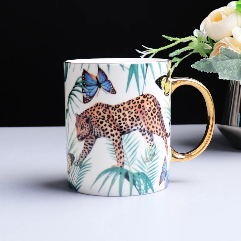 ALDO Home & Kitchen>Cups, Mugs, & Saucers white 350ml Exquisite Luxury Royal Queen Bone China Beautiful Forest Jaguar Design Coffee and Tea Mugs and Cups Set