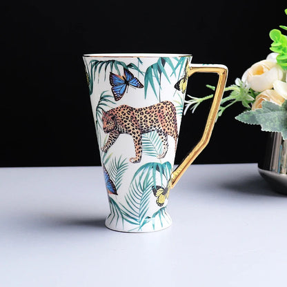 ALDO Home & Kitchen>Cups, Mugs, & Saucers white 500ml Exquisite Luxury Royal Queen Bone China Beautiful Forest Jaguar Design Coffee and Tea Mugs and Cups Set