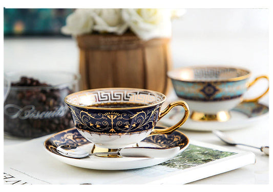 ALDO Home & Kitchen>Cups, Mugs, & Saucers White Gold and Blue / Porcelain / Please see pictures attached with sizes Luxury Porcelain Coffee or Tea Cup Gold Plated Versace Style with Saucer and Spoon