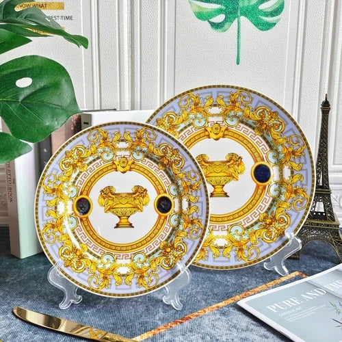 ALDO Home & Kitchen>Dinner Set 8 and 10 inches set Gold Luxury Versace  Style Fine Porcelain Dinner Plates and CoffeeTea Sets