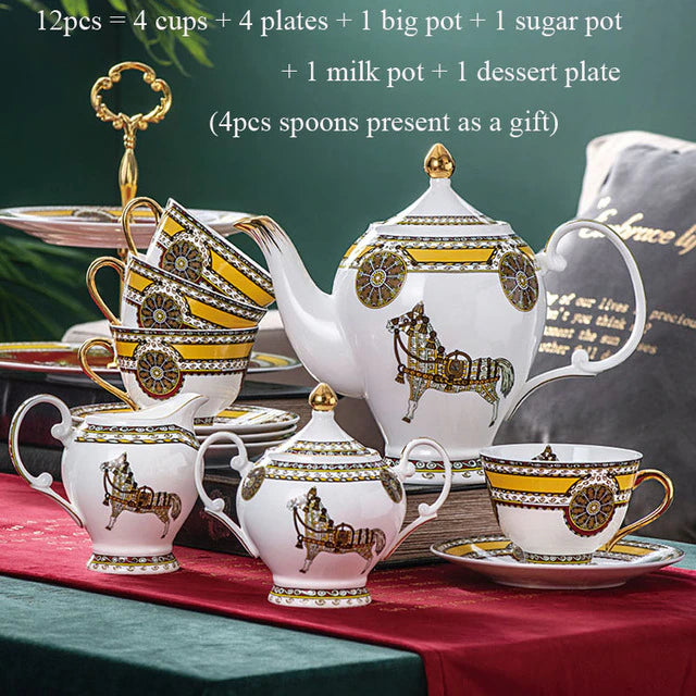 ALDO Home & Kitchen>Dinner Set Elegant Luxury English Royal Court Style Hand Made Fine Porcelain Bone China Gold Plated Coffee and Tea Set 12 Pices