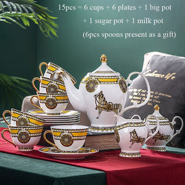 ALDO Home & Kitchen>Dinner Set Elegant Luxury English Royal Court Style Hand Made Fine Porcelain Bone China Gold Plated Coffee and Tea Set 15 Pices
