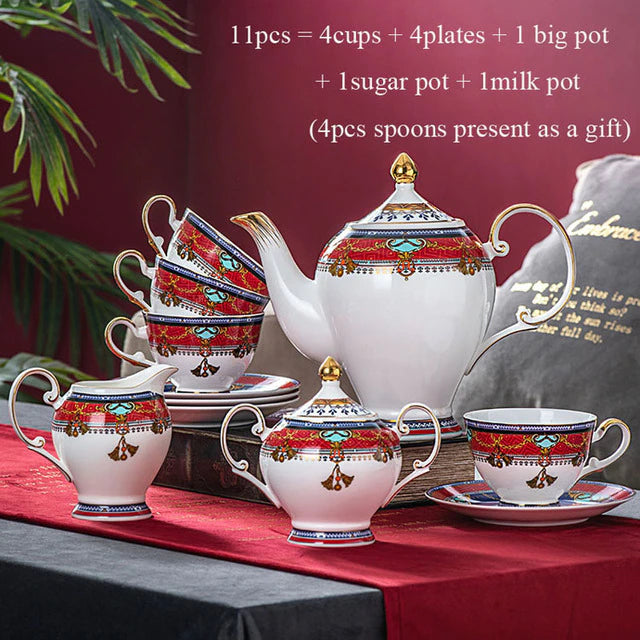 ALDO Home & Kitchen>Dinner Set Elegant Luxury French Royal Style Hand Made Fine Porcelain Bone China Gold Plated Coffee and Tea Set 11 Pices