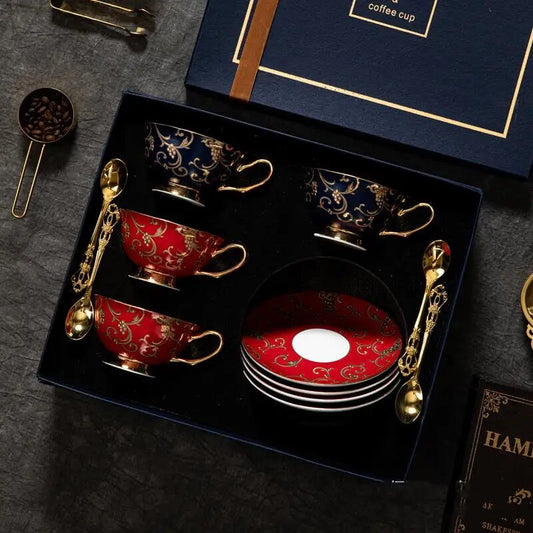 ALDO Home & Kitchen>Dinner Set luxurious Royal Palace Style Classic Red and Blue Coffee and Tea Set Hand Made Bone China Porcelain Real Gold Leaf Set for Four