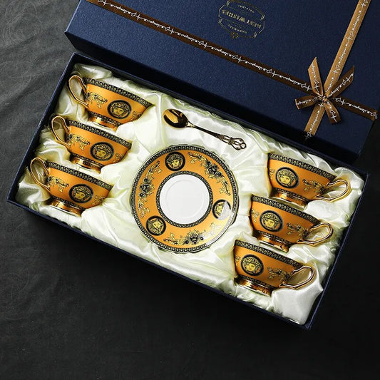 ALDO Home & Kitchen>Dinner Set luxurious Versace Style Royal Classic Coffee and Tea Set Hand Made  Bone China Porcelain Real Gold Leaf Set for Six