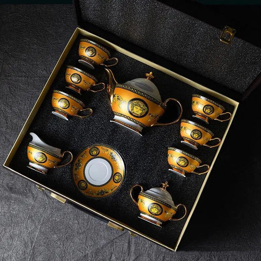 ALDO Home & Kitchen>Dinner Set luxurious Versace Style Royal Classic Coffee and Tea Set Hand Made  Bone China Porcelain Real Gold Leaf Set for Six with Kettle, Milk Pot, Shugar Jur