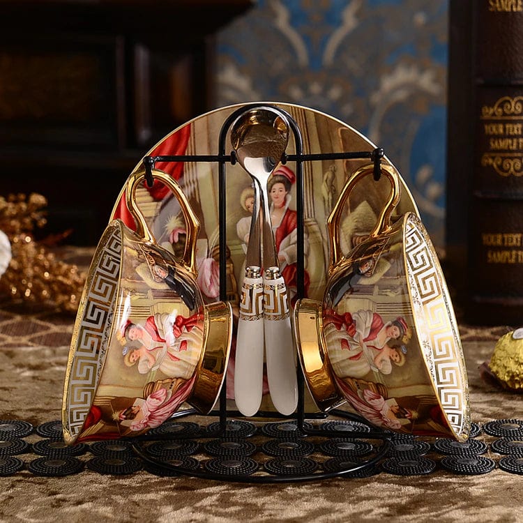 ALDO Home & Kitchen>Dinner Set New Coffee and Tea Set To Serve 2 Person / Porcelain / Style 4 Unique English Royal Style Coffee and Tea Set with Vintage Art Hand Made Fine Porcelain 24 Karat Gold Plated To Serve 2 Persons