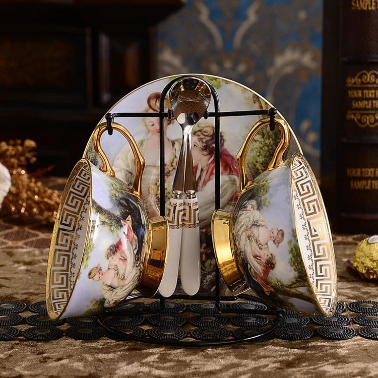 ALDO Home & Kitchen>Dinner Set New Coffee and Tea Set To Serve 2 Person / Porcelain / Style 5 Unique English Royal Style Coffee and Tea Set with Vintage Art Hand Made Fine Porcelain 24 Karat Gold Plated To Serve 2 Persons
