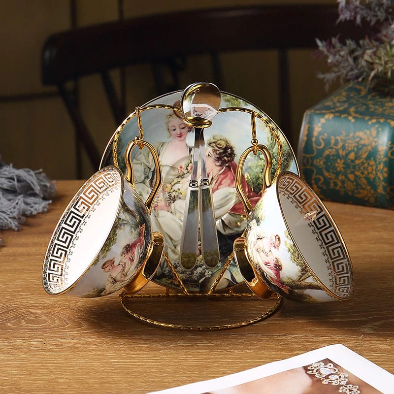 ALDO Home & Kitchen>Dinner Set New Coffee and Tea Set To Serve 2 Person / Porcelain / Style 6 Unique English Royal Style Coffee and Tea Set with Vintage Art Hand Made Fine Porcelain 24 Karat Gold Plated To Serve 2 Persons