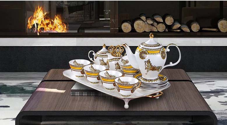 ALDO Home & Kitchen>Dinner Set new / Porcelain / 10 picesCoffee / Tea Set with big Tray Elegant Luxury English Royal Court Style Hand Made Fine Porcelain Bone China Gold Plated Coffee and Tea Set 10 Pices
