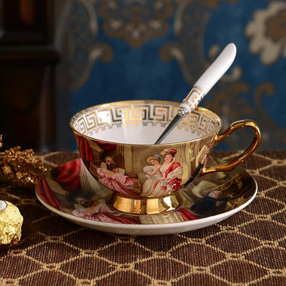 ALDO Home & Kitchen>Dinner Set New / Porcelain / Coffee and Tea Set Gold Black and White Unique English Royal Style Coffee and Tea Set with Vintage Art Hand Made Fine Porcelain 24 karat Gold Plated To Serve 6 Person
