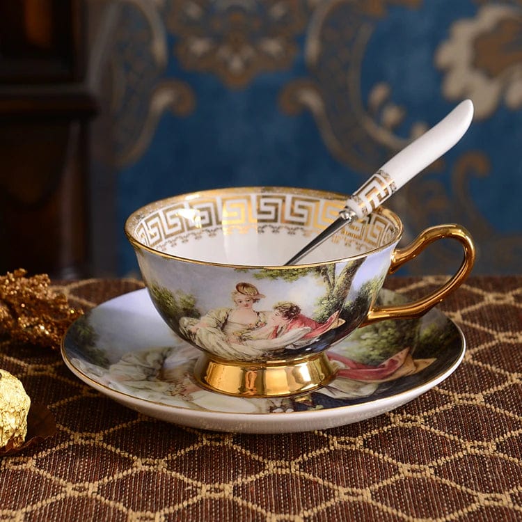 ALDO Home & Kitchen>Dinner Set New / Porcelain / Coffee and Tea Set Gold Black and White Unique English Royal Style Coffee and Tea Set with Vintage Art Hand Made Fine Porcelain 24 karat Gold Plated To Serve 6 Person