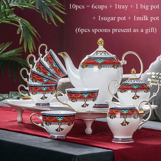ALDO Home & Kitchen>Dinner Set new / Porcelain / Six Cups with Saucers Spoon and Shelf Elegant Luxury French Royal Style Hand Made Fine Porcelain Bone China Gold Plated Coffee and Tea Set 10 Pices