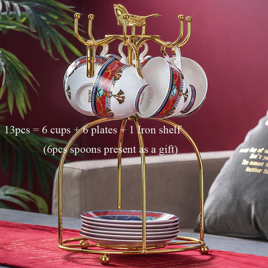 ALDO Home & Kitchen>Dinner Set new / Porcelain / Six Cups with Saucers Spoon and Shelf Elegant Luxury French Royal Style Hand Made Fine Porcelain Bone China Gold Plated Coffee and Tea Set To Serve 6 Stainless Steel High Shelf