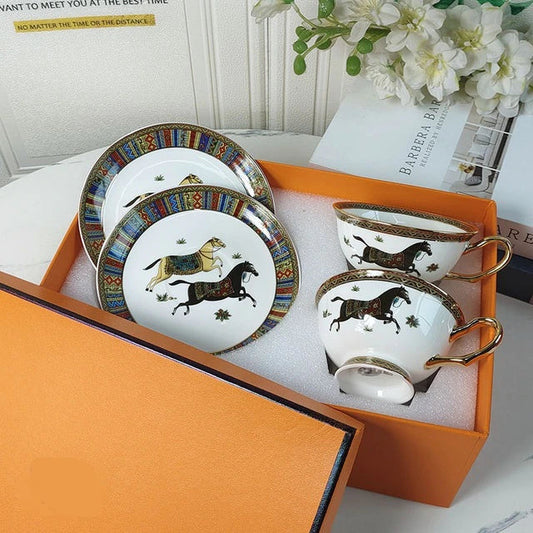 ALDO Home & Kitchen>Dinner Set Porcelain / Model 1 Two Coup and Two Saucer English Syle Galloping Horses Art Coffee and Tea Set Hand Made Porcelain 24 Karat Gold Plated Set for Two