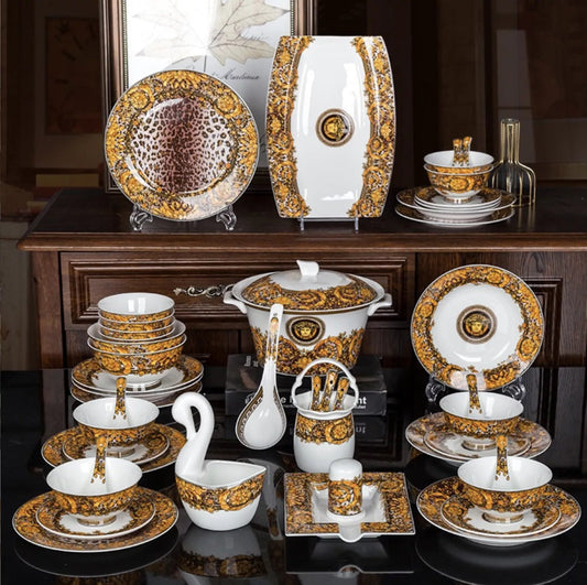 ALDO Home & Kitchen>Dinner Set Serving  60 Pieces / Porcelan / Brown Gold and White Luxury Versace Golden Medusa Head Style Glazed Gold-edge Hand Made Fine Porcelain Dinner 60 pieces Set