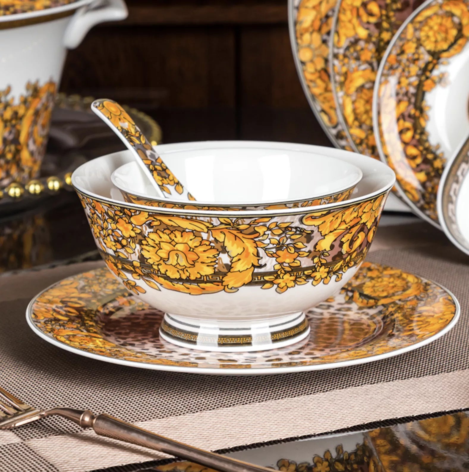 ALDO Home & Kitchen>Dinner Set Serving  60 Pieces / Porcelan / Brown Gold and White Luxury Versace Golden Medusa Head Style Glazed Gold-edge Hand Made Fine Porcelain Dinner 60 pieces Set