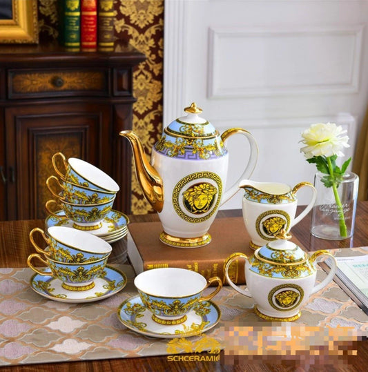 ALDO Home & Kitchen>Dinner Set Serving Six Persons / Porcelan / Blue and Gold and White Versace Style Coffee and Tea  Set For 6 Person Hand Made Fine Porcelain 24 karat Gold Plated