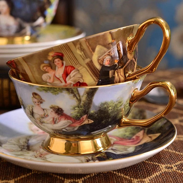 ALDO Home & Kitchen>Dinner Set Unique English Royal Style Coffee and Tea Set with Vintage Art Hand Made Fine Porcelain 24 Karat Gold Plated To Serve 2 Persons