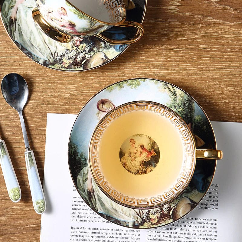 ALDO Home & Kitchen>Dinner Set Unique English Royal Style Coffee and Tea Set with Vintage Art Hand Made Fine Porcelain 24 Karat Gold Plated To Serve 2 Persons