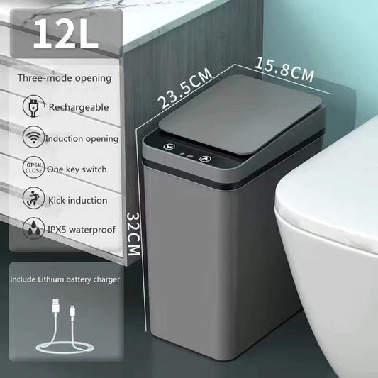 ALDO Household Supplies > Waste Containment > Trash Cans & Wastebaskets 12.5" x 9.25" x 7.4" inches / ABC Plastic / Three Mode Opening Intelligent Smart Trash Can Three Mode Opening Kick Induction Smart Sensor Dustbin Rechargable USB Waterproof Garbage Bin Gray With Free Set Of Bags