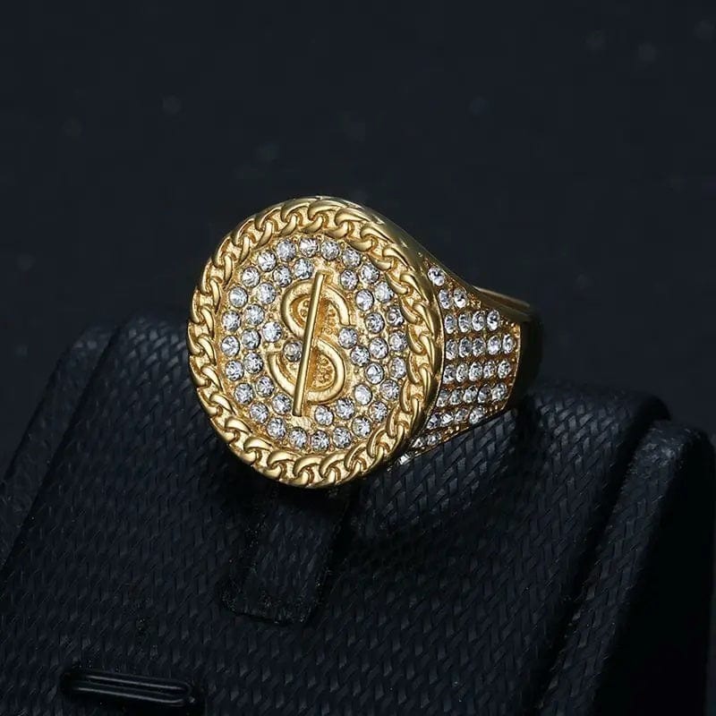 ALDO Jewelry 13 US Dollar Sign Ring and Rhinestones Gold Color Amulet For Fortune and Finacial Protection and Prosperity for Men