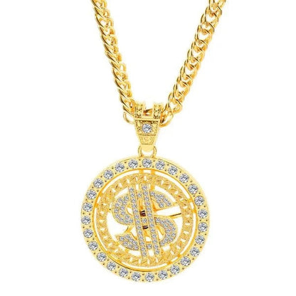 ALDO Jewelry 24 Karat Gold Plated Rotation Dollar Money Cubic Zirconia Pendant Necklace For Good Fortune and Financial success for Man and Woman