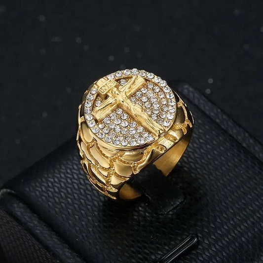 ALDO Jewelry 7 Ring with Cross and Jesus Crist and Rhinestones Gold Color Amulet for Men