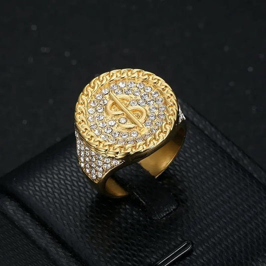 ALDO Jewelry 7 US Dollar Sign Ring and Rhinestones Gold Color Amulet For Fortune and Finacial Protection and Prosperity for Men