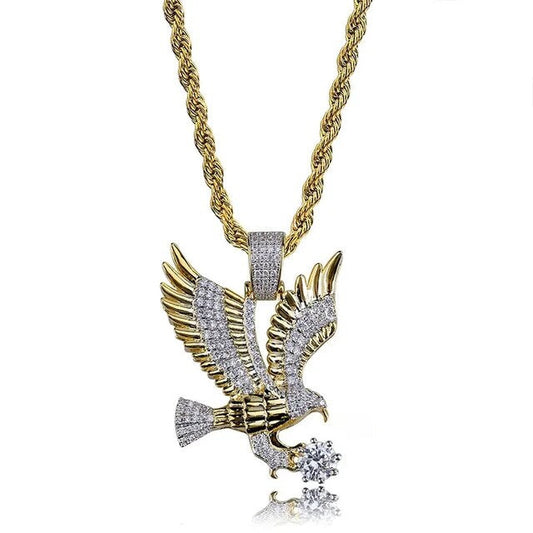 ALDO Jewelry American Golden Eagle Wing Patriotic Pendant with Rhinestones Necklace for Men and Woman