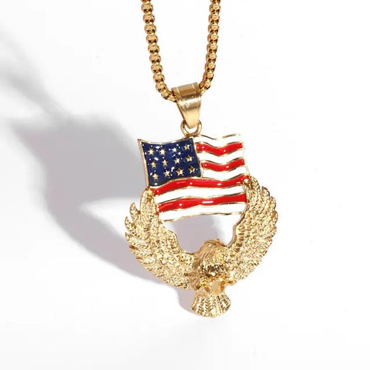 ALDO Jewelry American Golden Eagle Wing with American Flag Patriotic Pendant  Necklace for Men and Woman