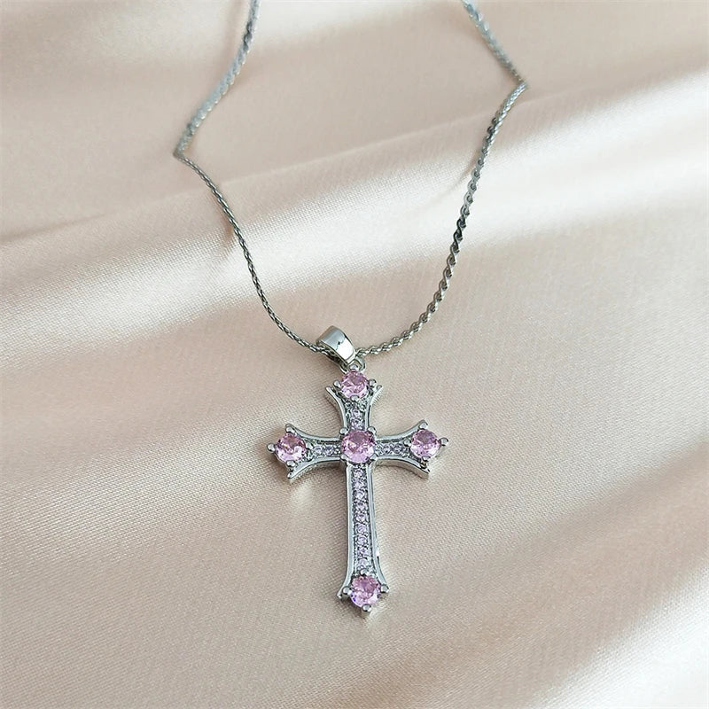 ALDO Jewelry Cross Copper Pink Zircon Stones Pendant Necklace for Men and Women Stainless Steel