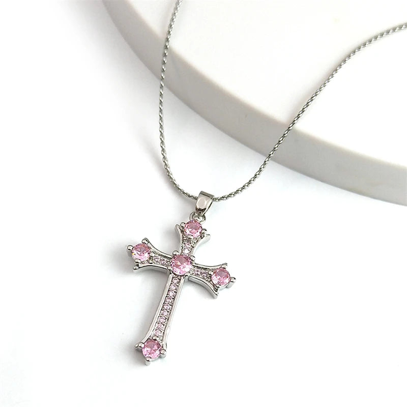 ALDO Jewelry Cross Copper Pink Zircon Stones Pendant Necklace for Men and Women Stainless Steel