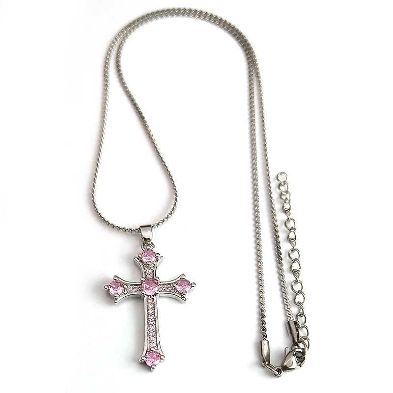 ALDO Jewelry Cross Copper Pink Zircon Stones Pendant Necklace for Men and Women Stainless Steel