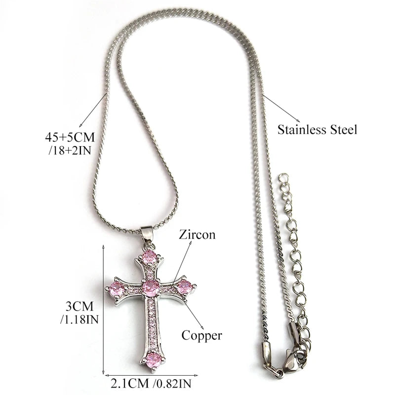 ALDO Jewelry Cross Copper Pink Zircon Stones Pendant Necklace for Men and Women Stainless Steel