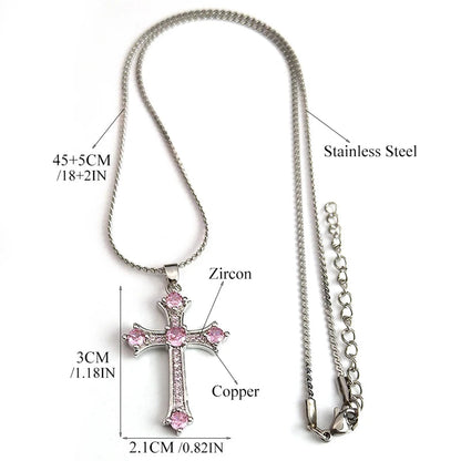 ALDO Jewelry Cross Copper Pink Zircon Stones Pendant Necklace for Men and Women Stainless Steel