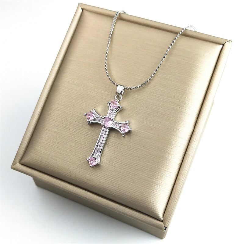 ALDO Jewelry Cross Copper Pink Zircon Stones Pendant Necklace for Men and Women Stainless Steel