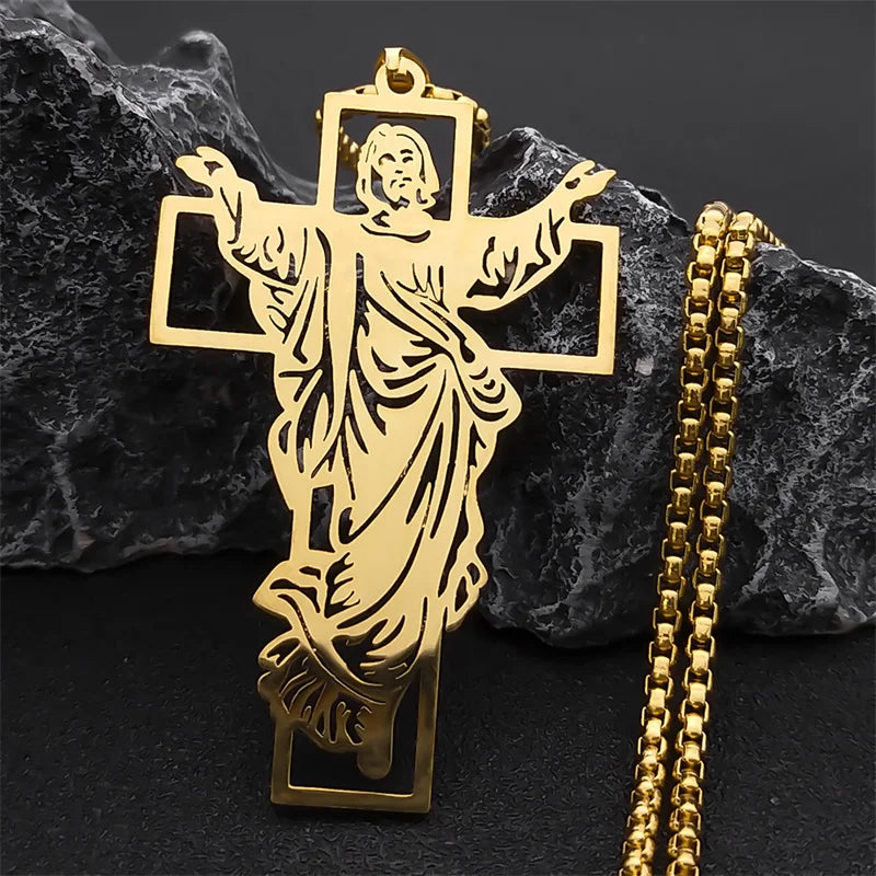 ALDO Jewelry Cross with Jesus Christ Stainless Steel Amulet Medal Pendant Necklace for Men and Women