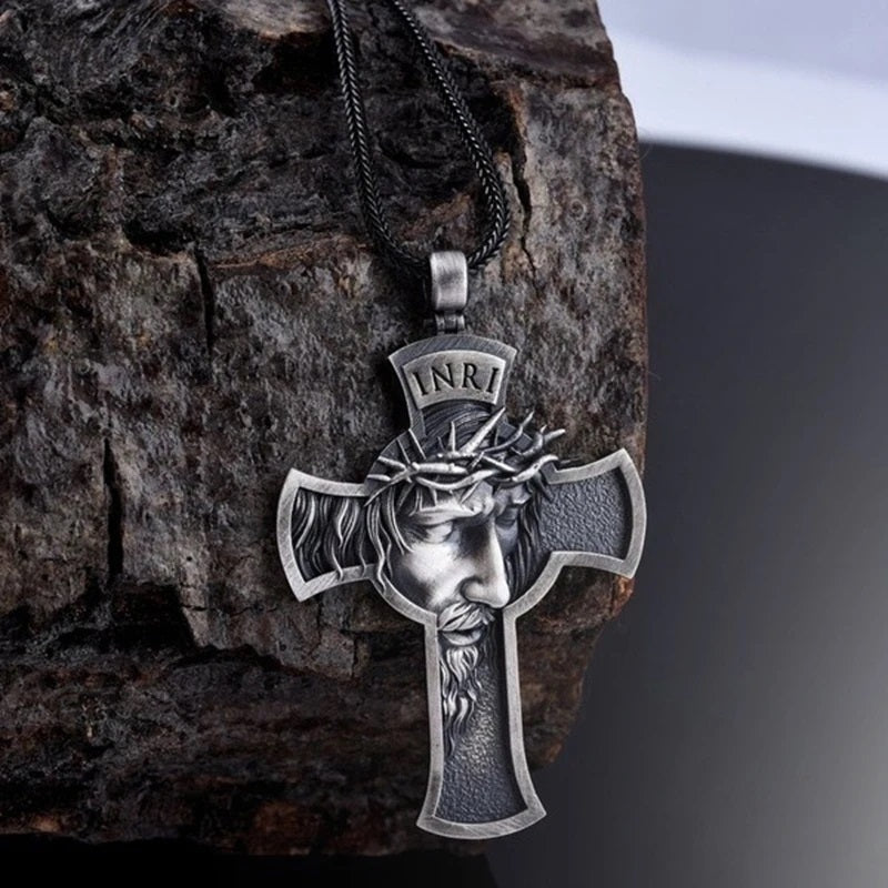 ALDO Jewelry Cross With  Jesus Head and Crown of Thorns Amulet Medal Pendant Necklace for Men and Women