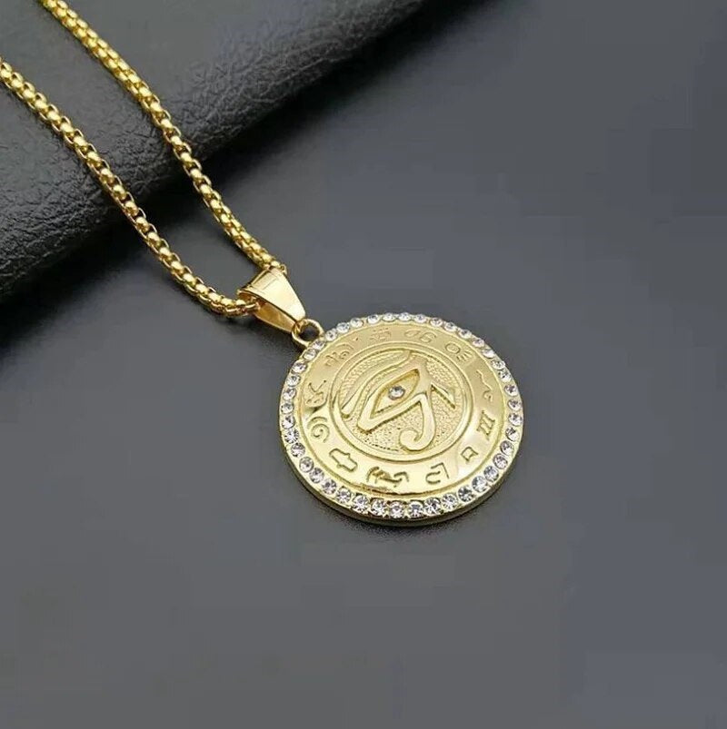 ALDO Jewelry Eye of Horus Sacred Youga Meditation Golden Necklace Pendant with Rhinestones Protection From Evil Eye