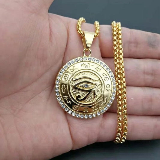 ALDO Jewelry Eye of Horus Sacred Youga Meditation Golden Necklace Pendant with Rhinestones Protection From Evil Eye