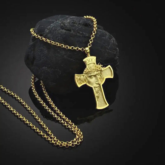 ALDO Jewelry Gold Cross With  Jesus Head and Crown of Thorns Amulet Medal Pendant Necklace for Men and Women