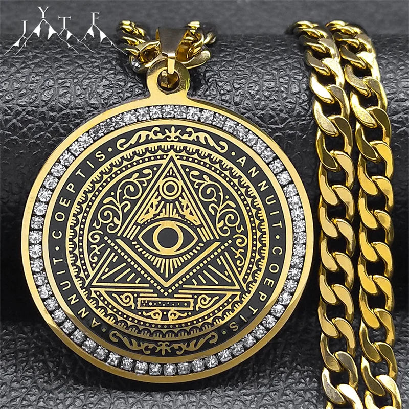 ALDO Jewelry Gold Kabbalah Talisman Seals  with Rhine Stones Eye of Providence of God Symbol of Divine Watchfulness and Care  Amulet Pentacle Pendant for Grat Protection in Your Life