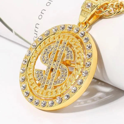 ALDO Jewelry Gold Plated 24 Karat Gold Plated Rotation Dollar Money Cubic Zirconia Pendant Necklace For Good Fortune and Financial success for Man and Woman
