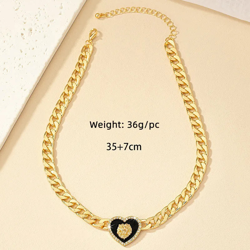 ALDO Jewelry Gold-plated Lion Head Enamel  Heart Shaped Amulet Collar Choker with Rhinestone for Woman