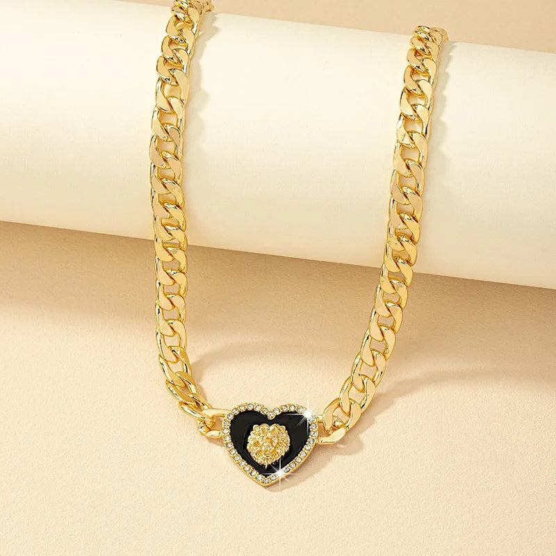 ALDO Jewelry Gold-plated Lion Head Enamel  Heart Shaped Amulet Collar Choker with Rhinestone for Woman