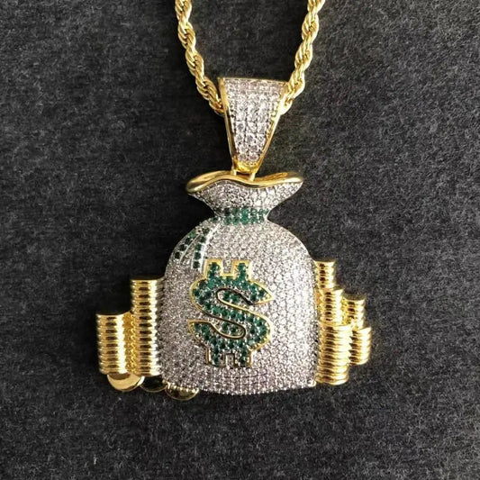 ALDO Jewelry Iced Out Dollar Money Bag Shiny Cubic Zirconia Pendant Necklace with Rhinestones For Good Fortune for Man and Woman
