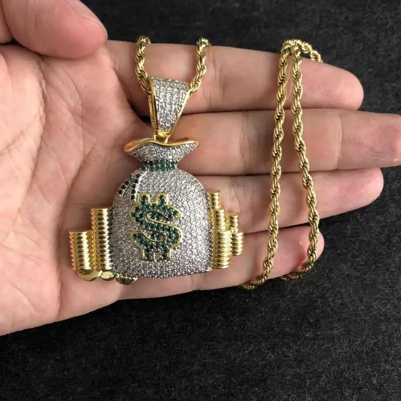 ALDO Jewelry Iced Out Dollar Money Bag Shiny Cubic Zirconia Pendant Necklace with Rhinestones For Good Fortune for Man and Woman