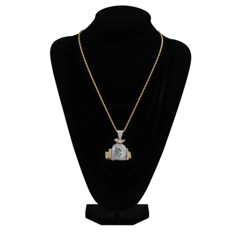 ALDO Jewelry Iced Out Dollar Money Bag Shiny Cubic Zirconia Pendant Necklace with Rhinestones For Good Fortune for Man and Woman