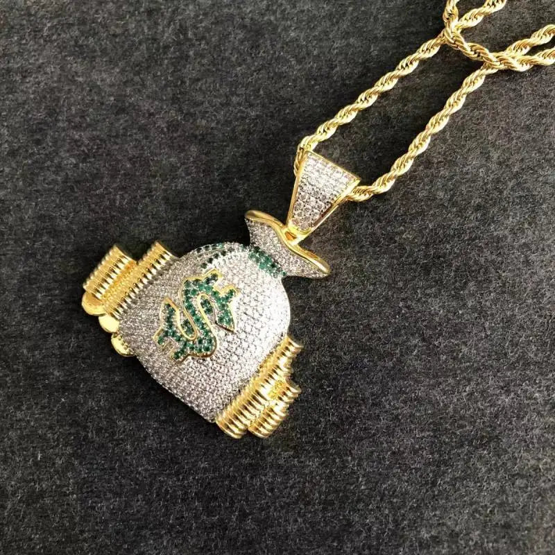 ALDO Jewelry Iced Out Dollar Money Bag Shiny Cubic Zirconia Pendant Necklace with Rhinestones For Good Fortune for Man and Woman